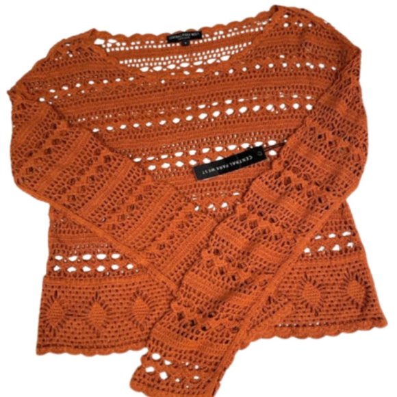 Central Park West Sweaters - Cozy Crocheted Peek-A-Boo Top, Honey colored size Small